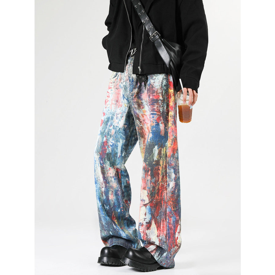 Men’s Full Size Abstract Art Print Wide Leg Jeans Plus Size Apparel and Accessories