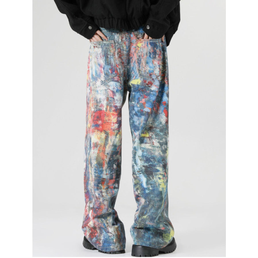 Men’s Full Size Abstract Art Print Wide Leg Jeans Plus Size Apparel and Accessories