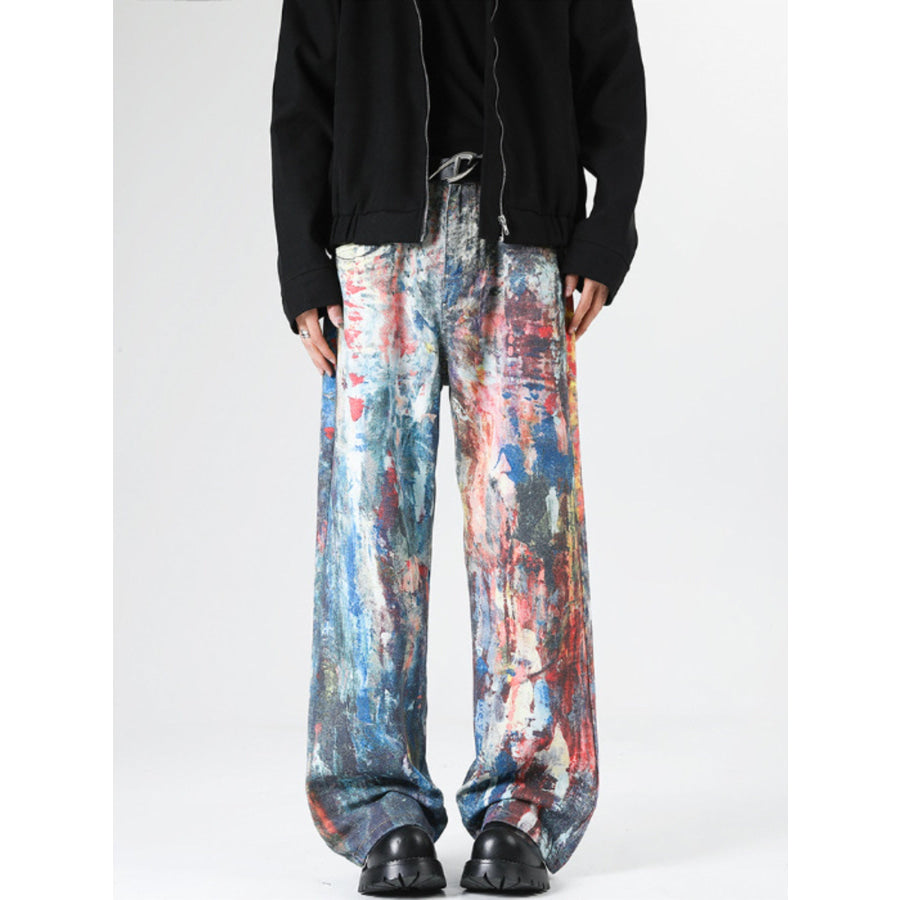 Men’s Full Size Abstract Art Print Wide Leg Jeans Plus Size Dark Blue / S Apparel and Accessories