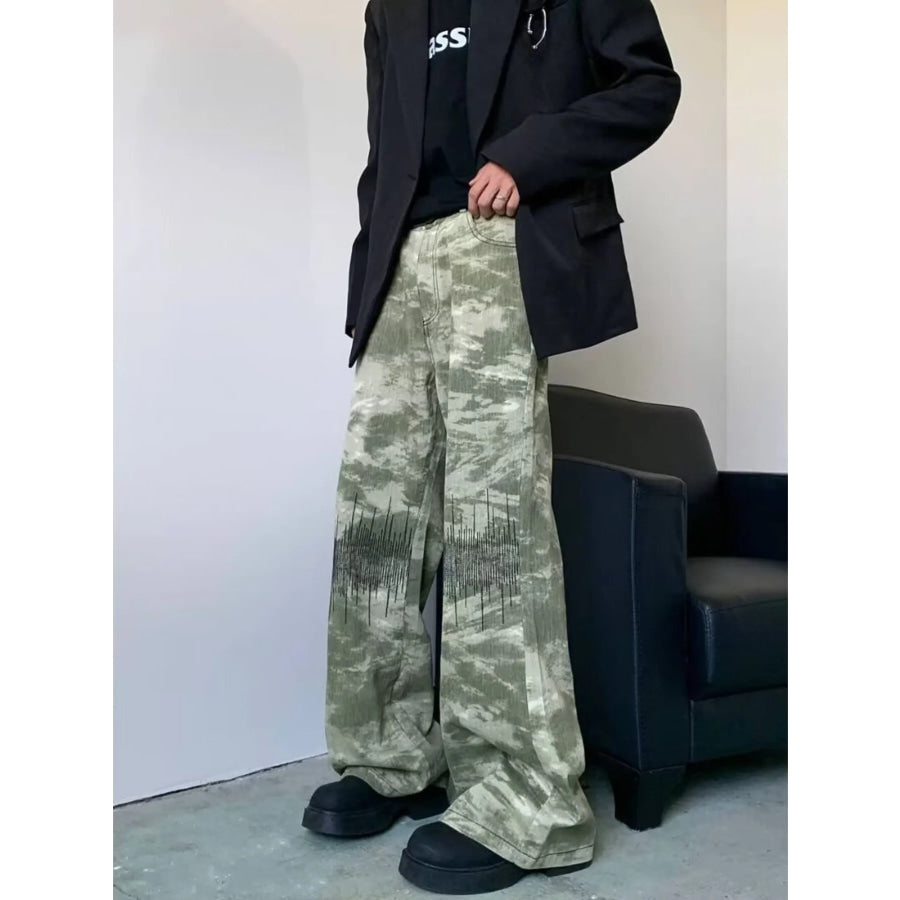 Men’s Full Size Abstract Print Wide Leg Jeans Plus Size Apparel and Accessories