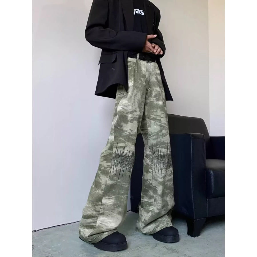 Men’s Full Size Abstract Print Wide Leg Jeans Plus Size Apparel and Accessories
