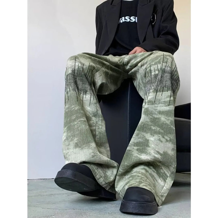 Men’s Full Size Abstract Print Wide Leg Jeans Plus Size Apparel and Accessories
