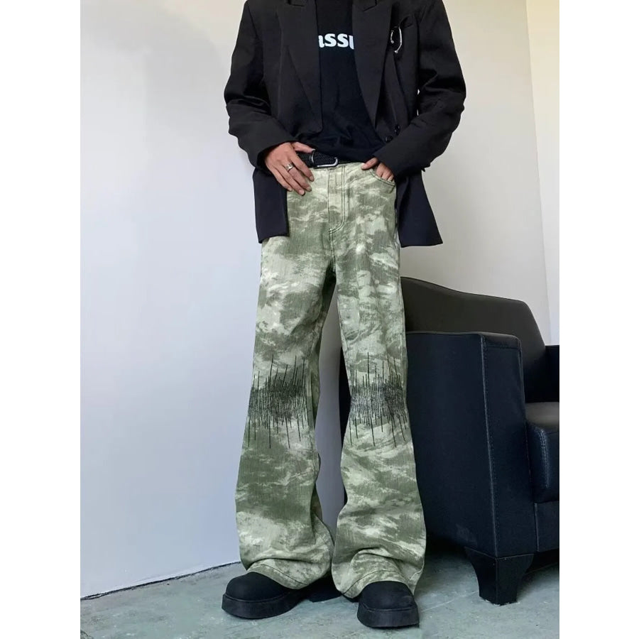 Men’s Full Size Abstract Print Wide Leg Jeans Plus Size Green Camouflage / S Apparel and Accessories