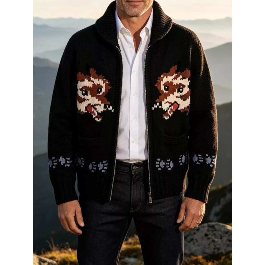 Men’s Full Size Animal Chunky Knit Zip-Up Cardigan Plus Apparel and Accessories