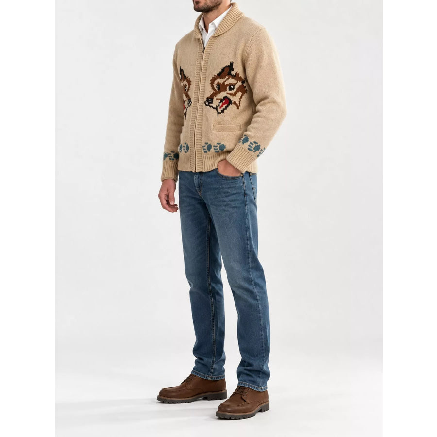 Men’s Full Size Animal Chunky Knit Zip-Up Cardigan Plus Apparel and Accessories