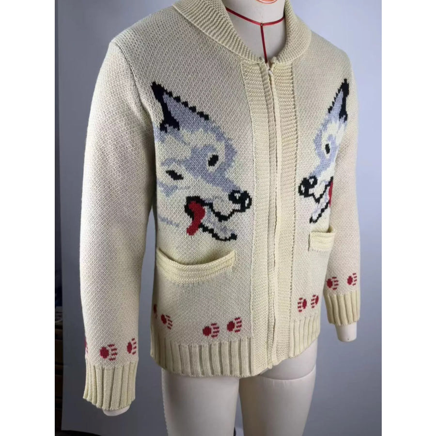 Men’s Full Size Animal Chunky Knit Zip-Up Cardigan Plus Apparel and Accessories