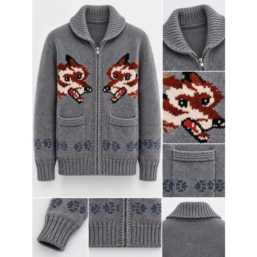 Men’s Full Size Animal Chunky Knit Zip-Up Cardigan Plus Apparel and Accessories
