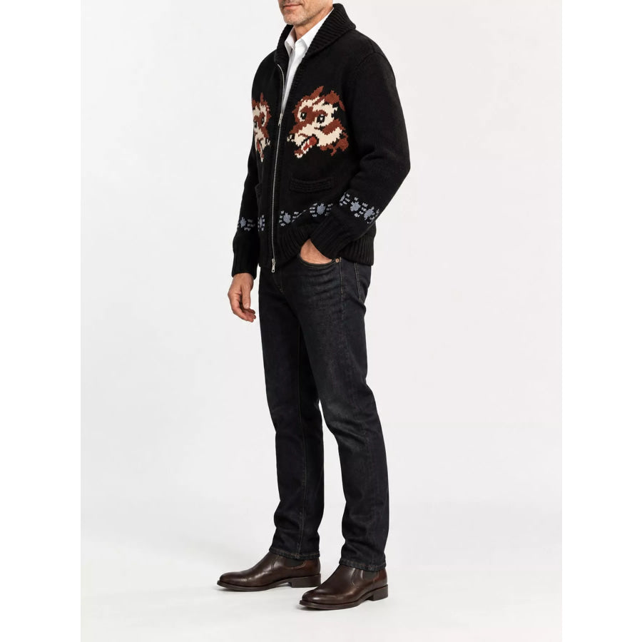 Men’s Full Size Animal Chunky Knit Zip-Up Cardigan Plus Apparel and Accessories