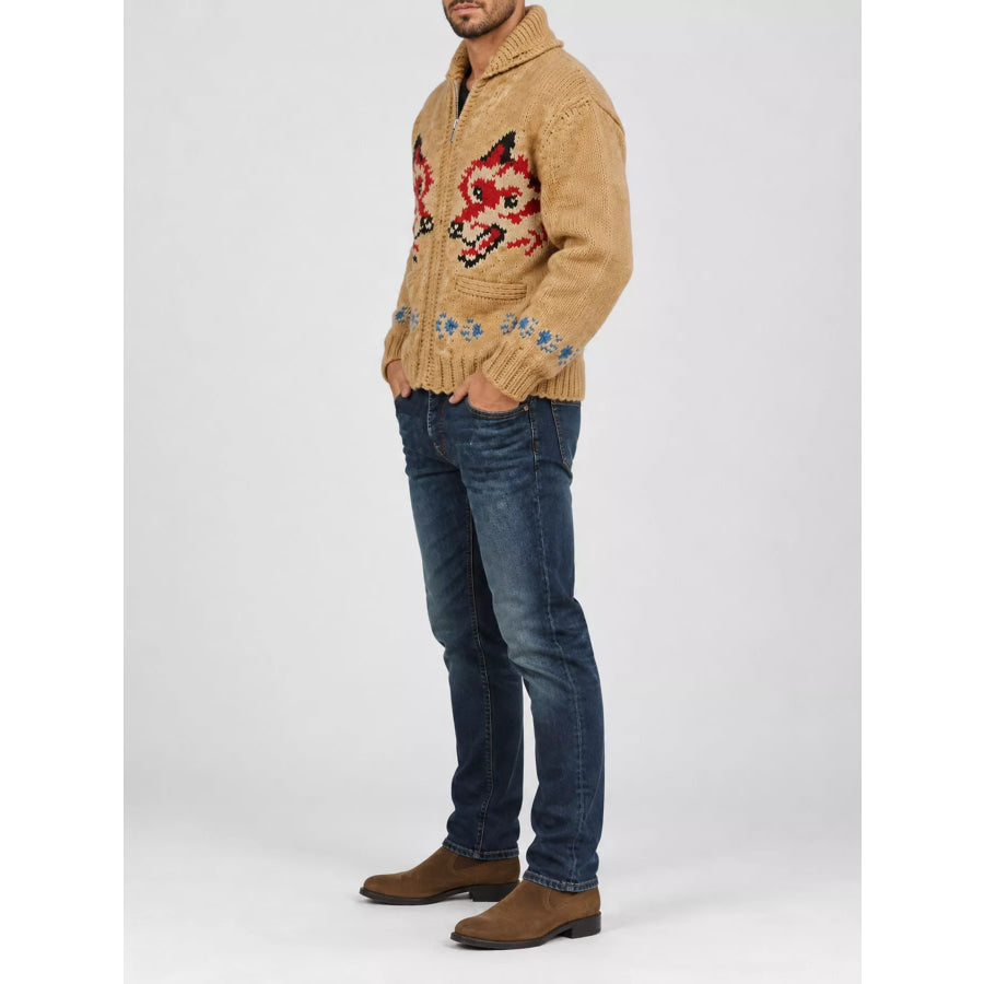 Men’s Full Size Animal Chunky Knit Zip-Up Cardigan Plus Apparel and Accessories