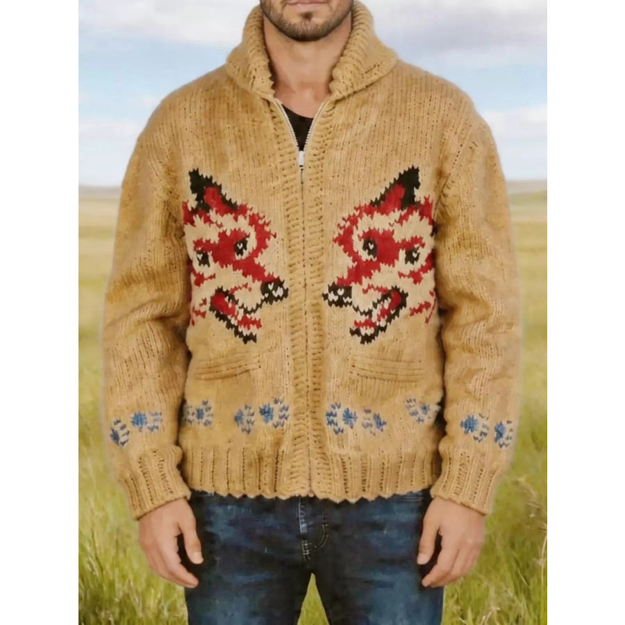 Men’s Full Size Animal Chunky Knit Zip-Up Cardigan Plus Apparel and Accessories