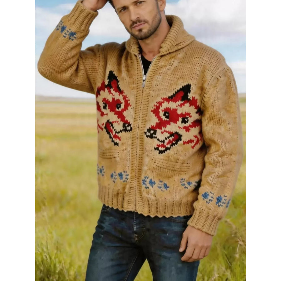 Men’s Full Size Animal Chunky Knit Zip-Up Cardigan Plus Apparel and Accessories