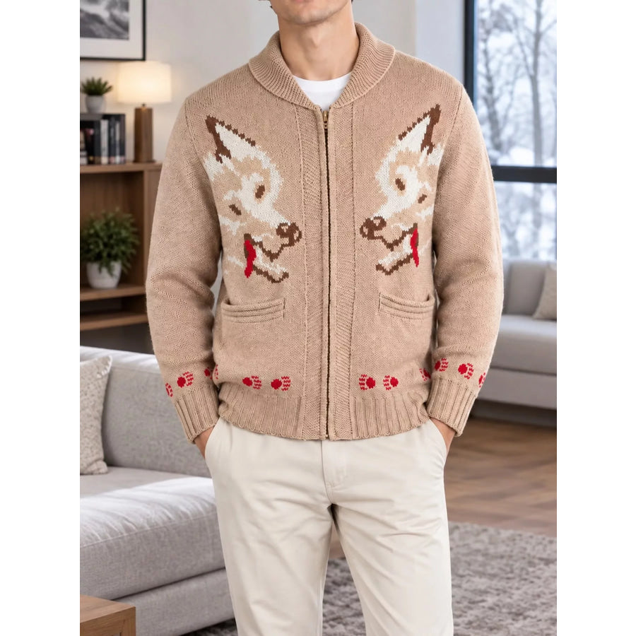 Men’s Full Size Animal Chunky Knit Zip-Up Cardigan Plus Apparel and Accessories