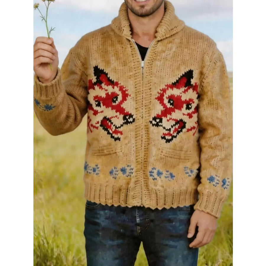 Men’s Full Size Animal Chunky Knit Zip-Up Cardigan Plus Apparel and Accessories
