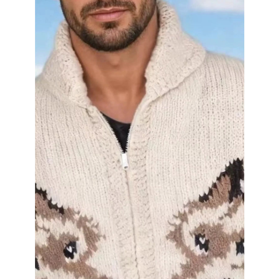 Men’s Full Size Animal Chunky Knit Zip-Up Cardigan Plus Apparel and Accessories
