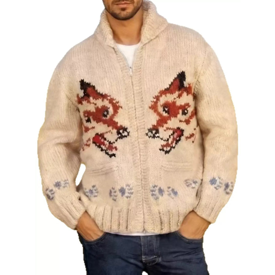Men’s Full Size Animal Chunky Knit Zip-Up Cardigan Plus Apricot / XS Apparel and Accessories