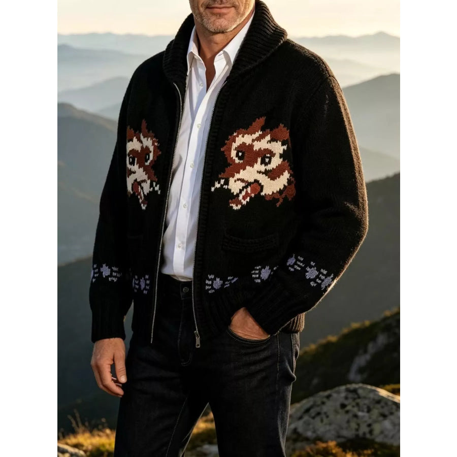 Men’s Full Size Animal Chunky Knit Zip-Up Cardigan Plus Black / XS Apparel and Accessories