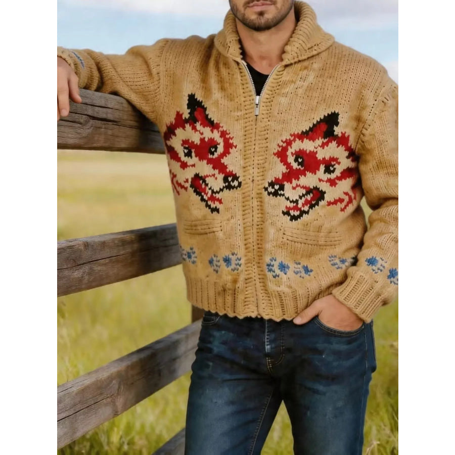 Men’s Full Size Animal Chunky Knit Zip-Up Cardigan Plus Camel / XS Apparel and Accessories