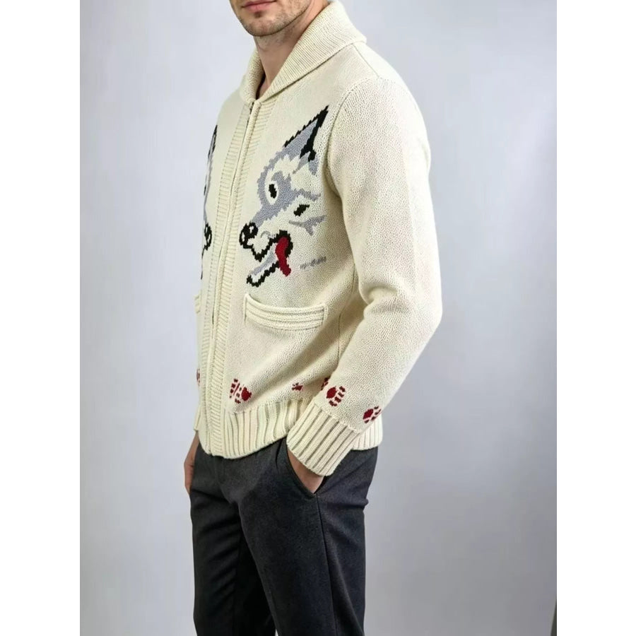 Men’s Full Size Animal Chunky Knit Zip-Up Cardigan Plus Champagne / XS Apparel and Accessories