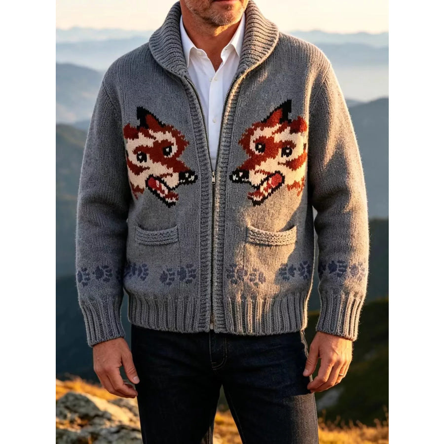 Men’s Full Size Animal Chunky Knit Zip-Up Cardigan Plus Gray / XS Apparel and Accessories