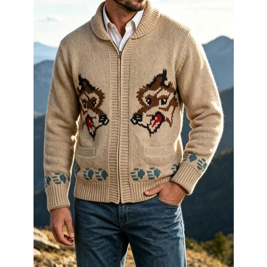 Men’s Full Size Animal Chunky Knit Zip-Up Cardigan Plus Khaki / XS Apparel and Accessories