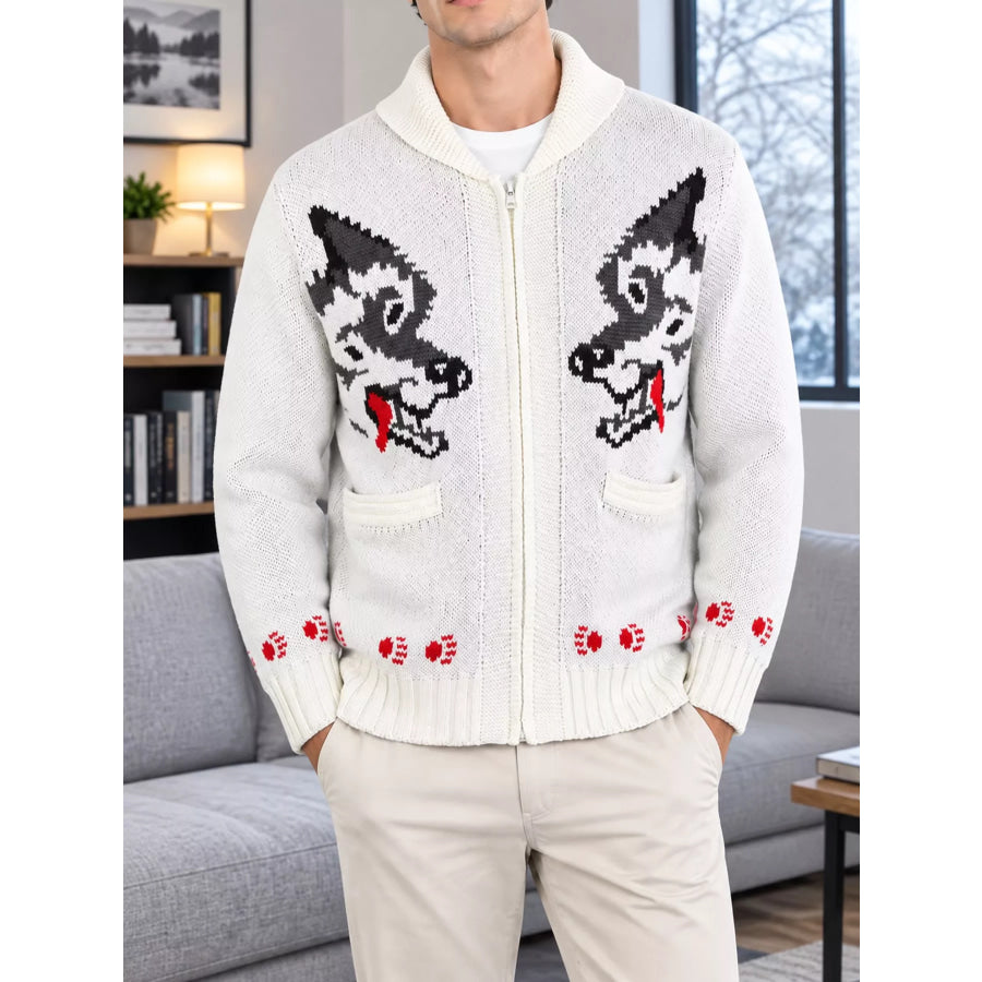 Men’s Full Size Animal Chunky Knit Zip-Up Cardigan Plus Milky White / XS Apparel and Accessories