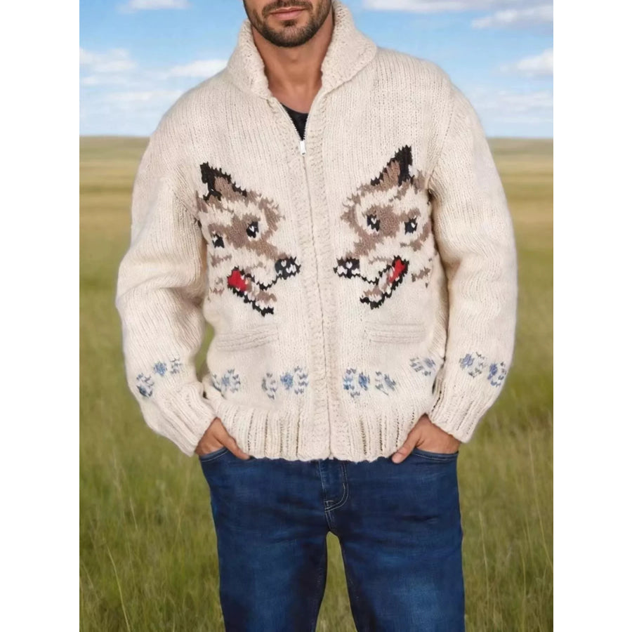 Men’s Full Size Animal Chunky Knit Zip-Up Cardigan Plus Off White / XS Apparel and Accessories