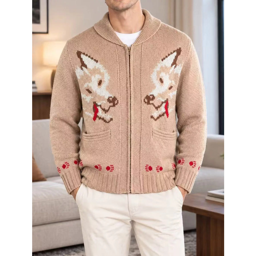 Men’s Full Size Animal Chunky Knit Zip-Up Cardigan Plus Rose Gold / XS Apparel and Accessories