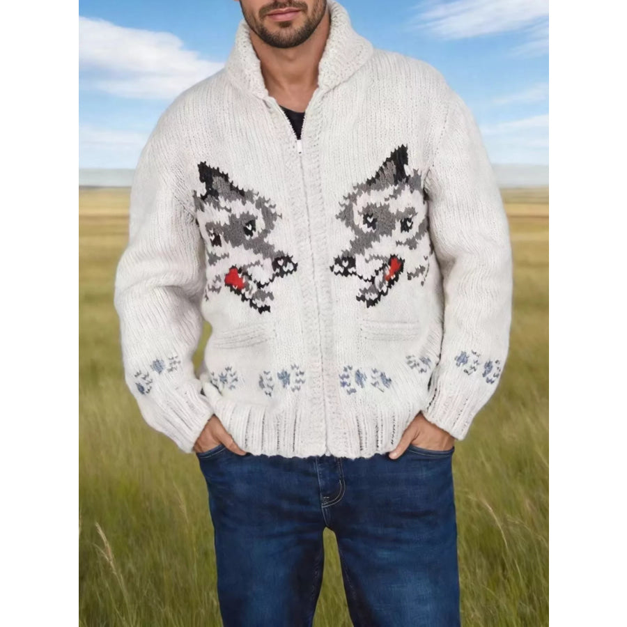 Men’s Full Size Animal Chunky Knit Zip-Up Cardigan Plus White / XS Apparel and Accessories