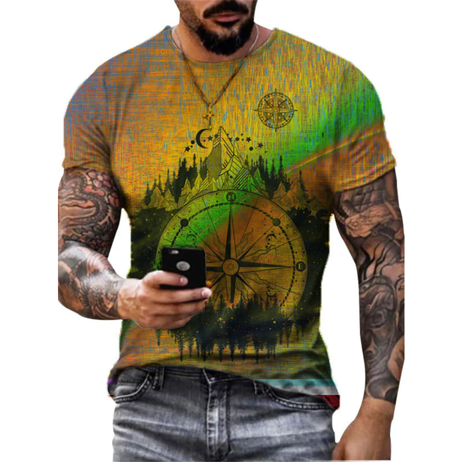 Men’s Full Size Artistic Compass Graphic Round Neck T-Shirt Plus Size Apparel and Accessories