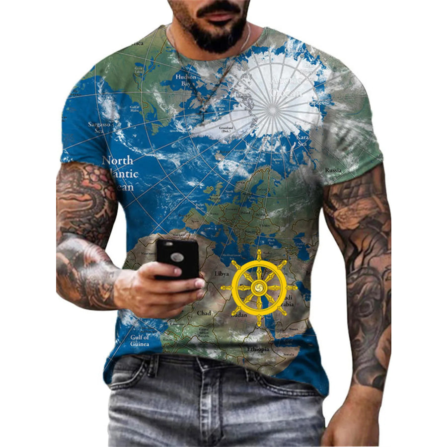 Men’s Full Size Artistic Compass Graphic Round Neck T-Shirt Plus Size Apparel and Accessories