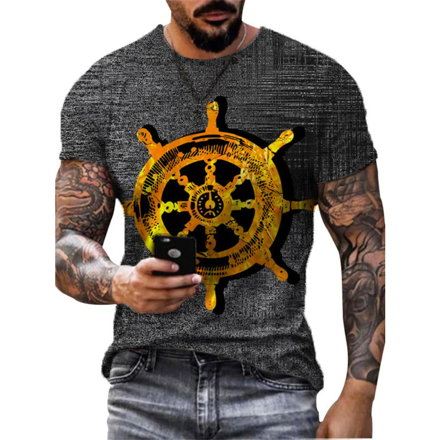Men’s Full Size Artistic Compass Graphic Round Neck T-Shirt Plus Size Dark Gray / S Apparel and Accessories