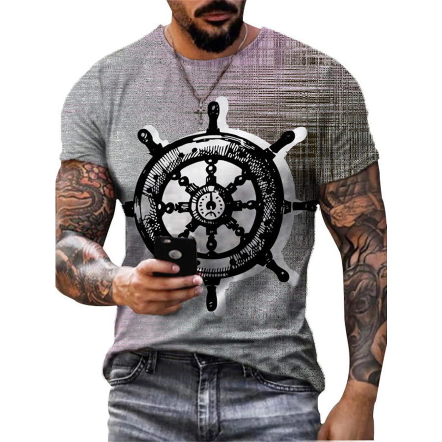 Men’s Full Size Artistic Compass Graphic Round Neck T-Shirt Plus Size Gray / S Apparel and Accessories