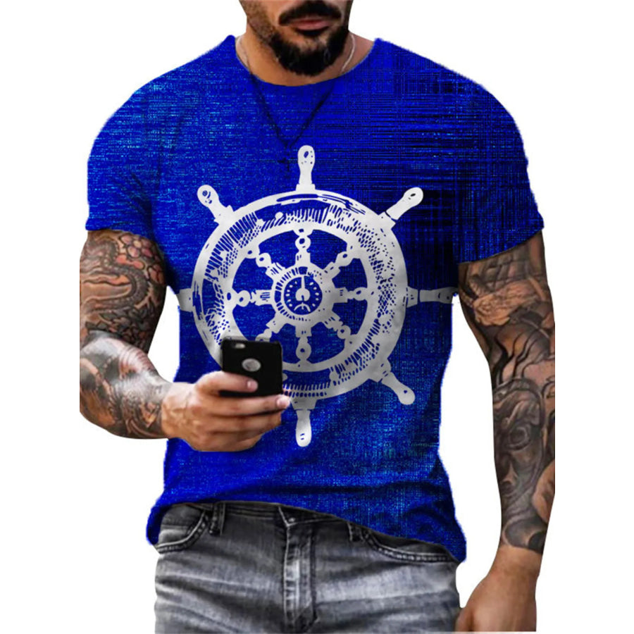 Men’s Full Size Artistic Compass Graphic Round Neck T-Shirt Plus Size Royal Blue / S Apparel and Accessories