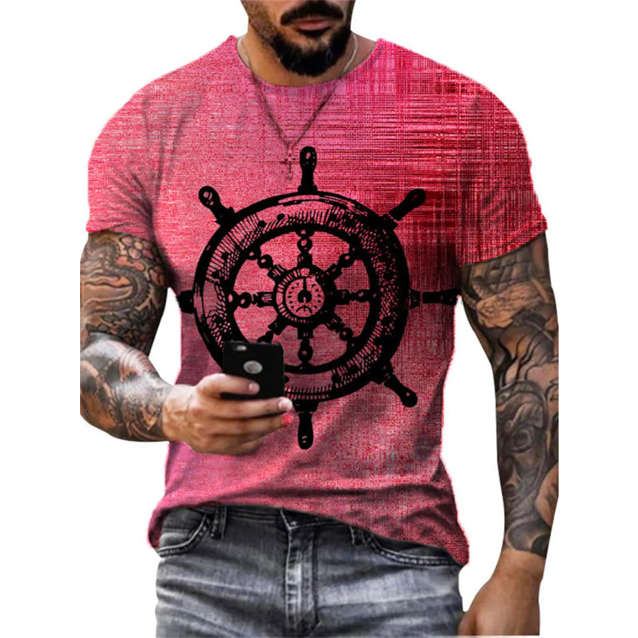 Men’s Full Size Artistic Compass Graphic Round Neck T-Shirt Plus Size Strawberry / S Apparel and Accessories