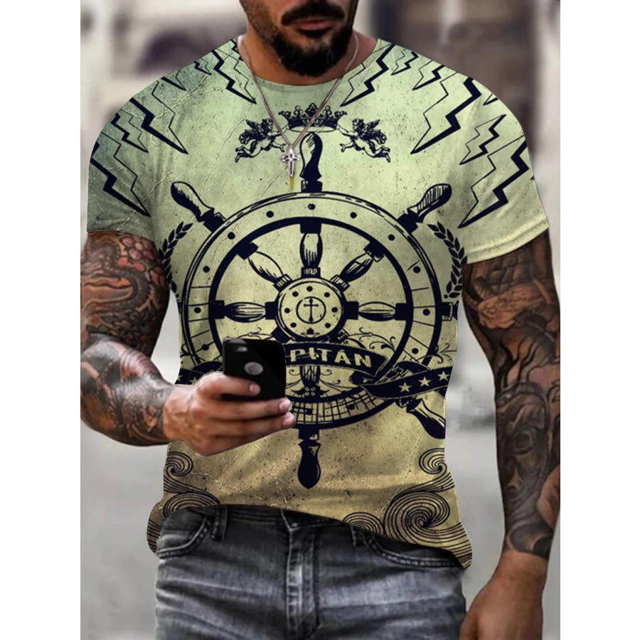 Men’s Full Size Artistic Compass Graphic Round Neck T-Shirt Plus Size Yellow-Green / S Apparel and Accessories