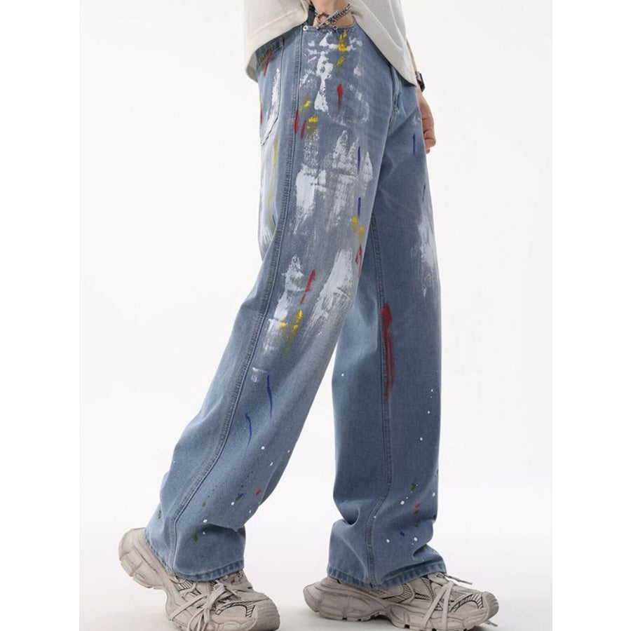 Men’s Full Size Artistic Splatter Print Loose Jeans Plus Size Apparel and Accessories