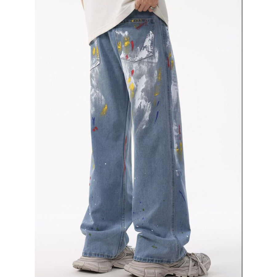 Men’s Full Size Artistic Splatter Print Loose Jeans Plus Size Apparel and Accessories
