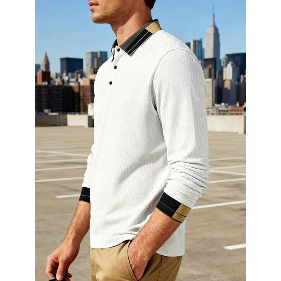 Men’s Full Size Button Detail Long Sleeve Polo Plus Size Apparel and Accessories