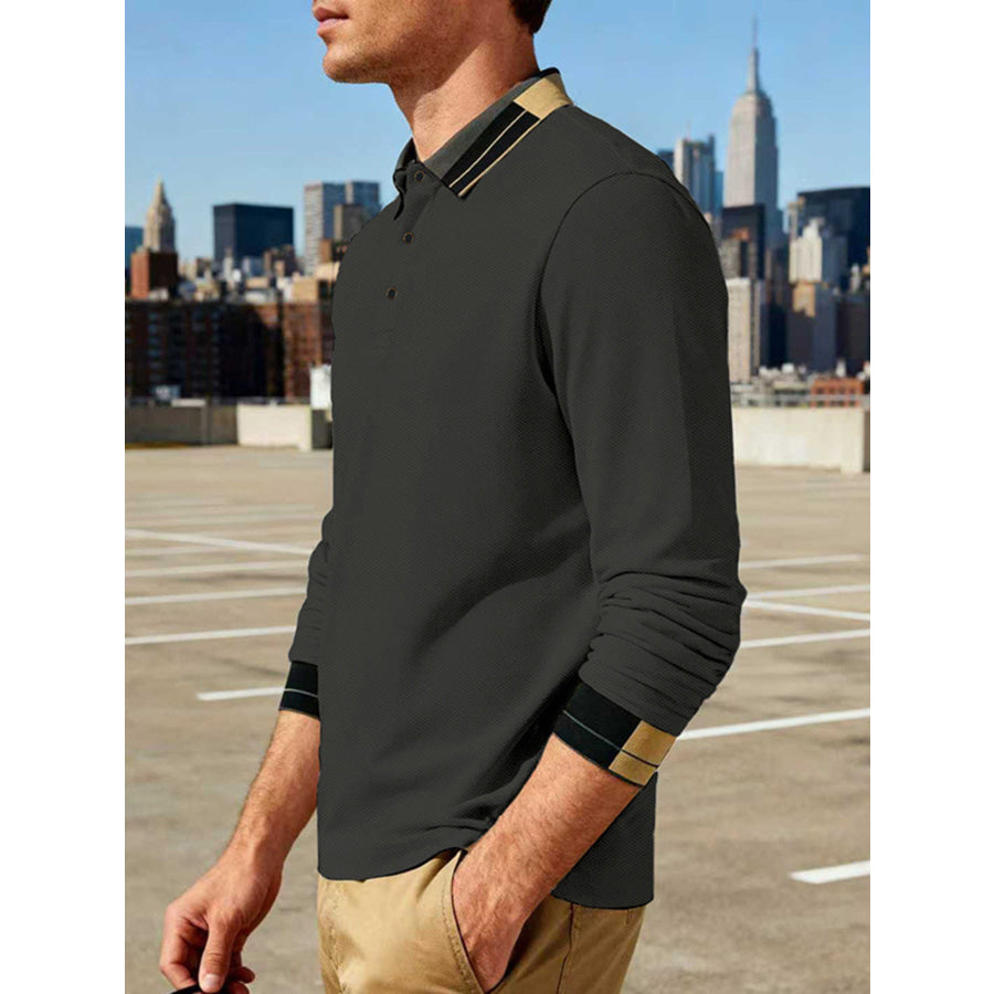 Men’s Full Size Button Detail Long Sleeve Polo Plus Size Apparel and Accessories