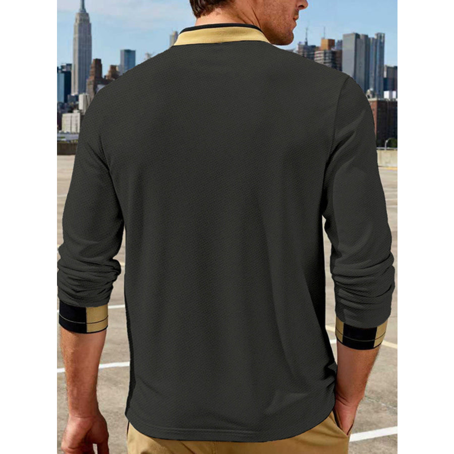 Men’s Full Size Button Detail Long Sleeve Polo Plus Size Apparel and Accessories