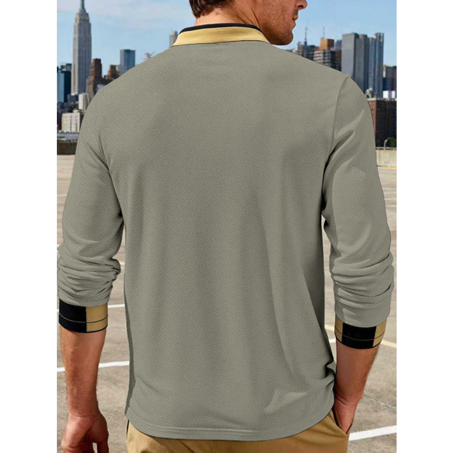 Men’s Full Size Button Detail Long Sleeve Polo Plus Size Apparel and Accessories