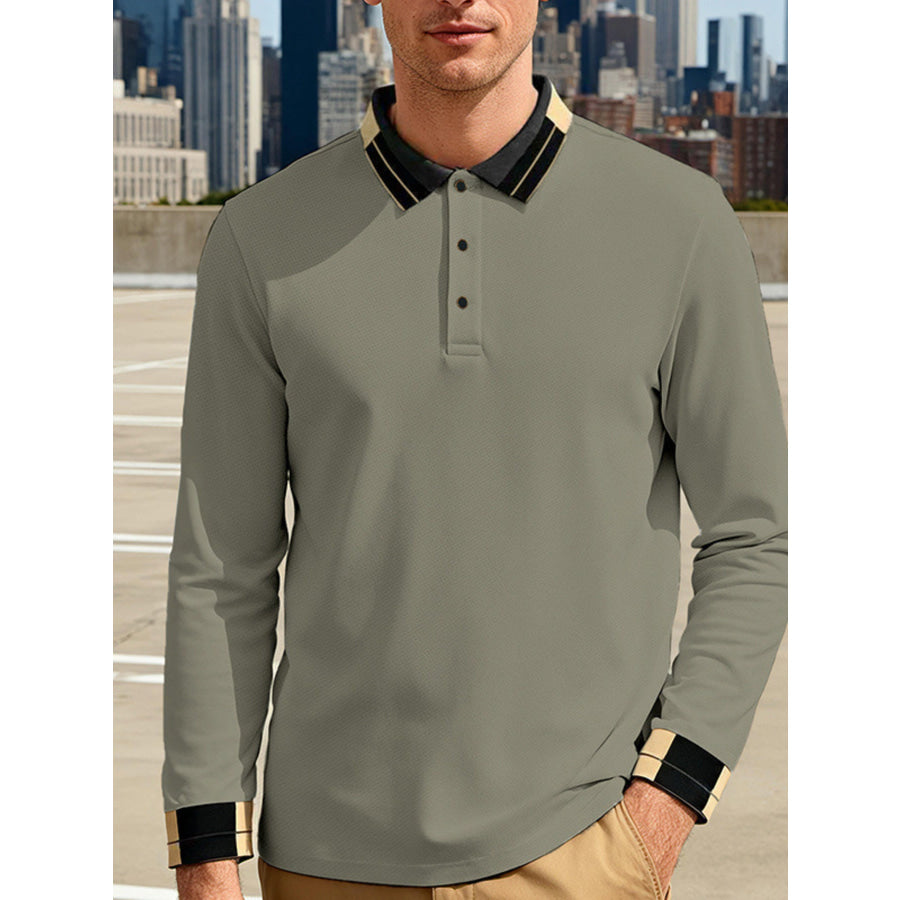 Men’s Full Size Button Detail Long Sleeve Polo Plus Size Apparel and Accessories