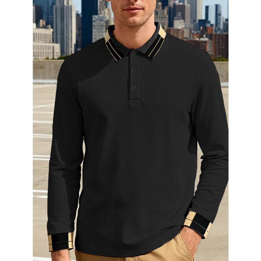 Men’s Full Size Button Detail Long Sleeve Polo Plus Size Black / S Apparel and Accessories