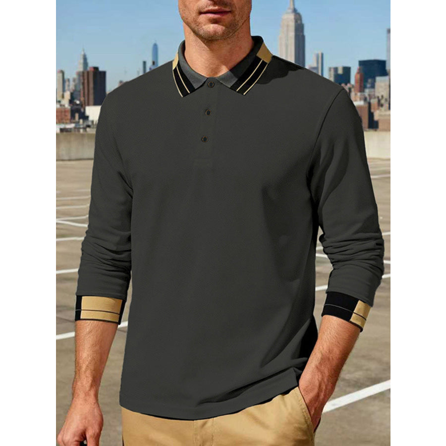 Men’s Full Size Button Detail Long Sleeve Polo Plus Size Dark Gray / S Apparel and Accessories