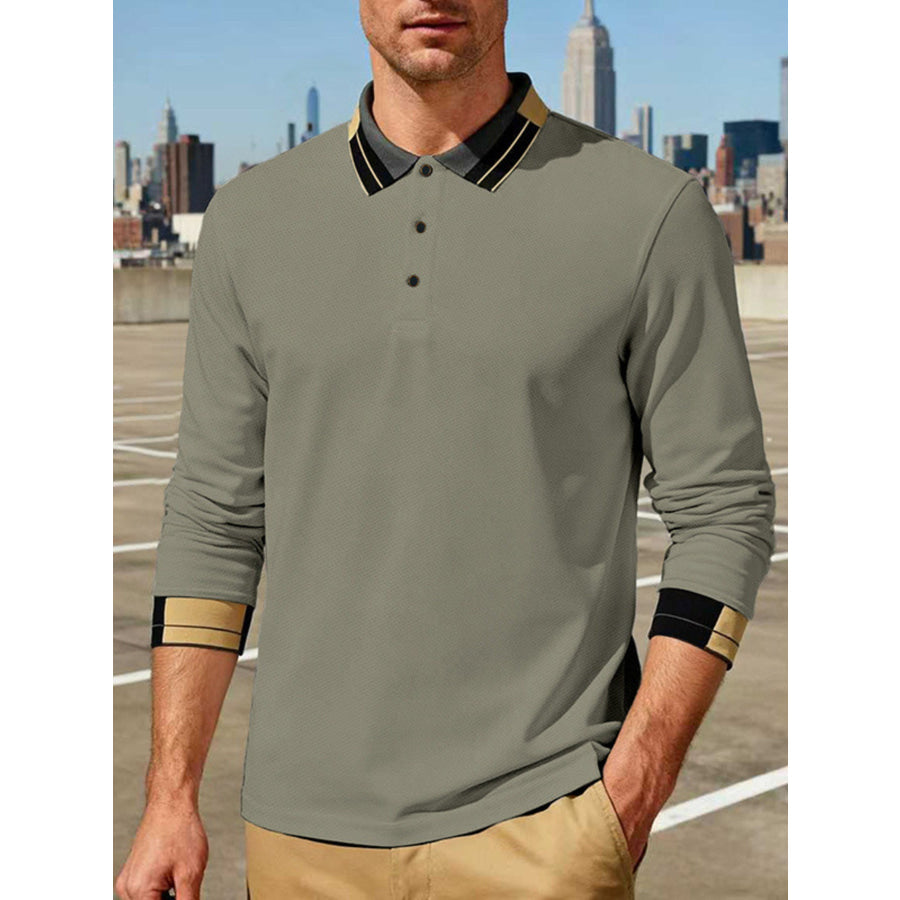 Men’s Full Size Button Detail Long Sleeve Polo Plus Size Sage / S Apparel and Accessories