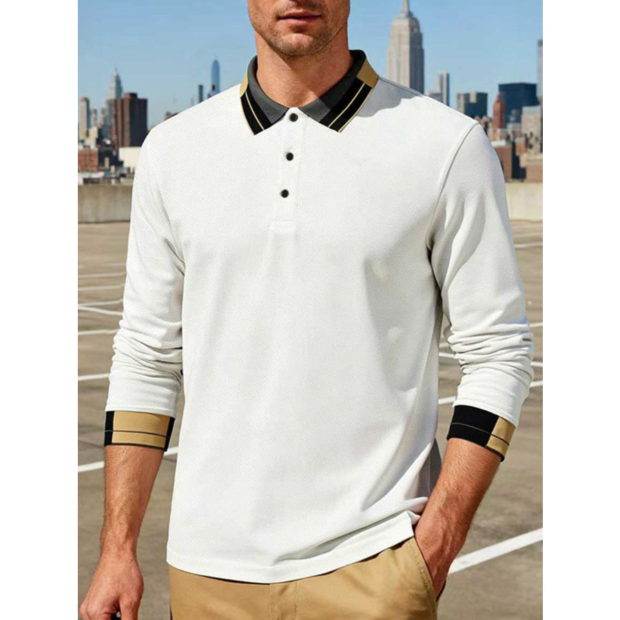 Men’s Full Size Button Detail Long Sleeve Polo Plus Size White / S Apparel and Accessories