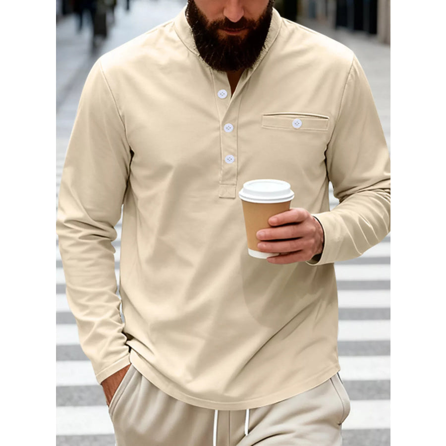 Men’s Full Size Button Detail Long Sleeve Shirt Plus Size Apricot / S Apparel and Accessories