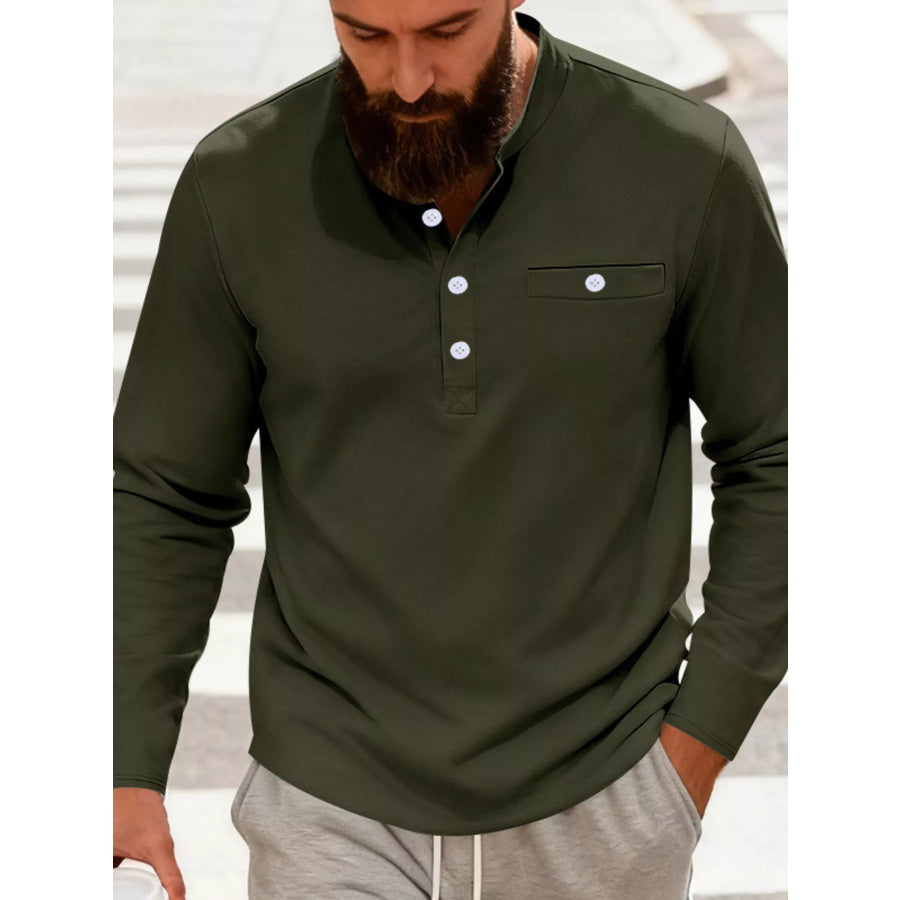 Men’s Full Size Button Detail Long Sleeve Shirt Plus Size Army Green / S Apparel and Accessories