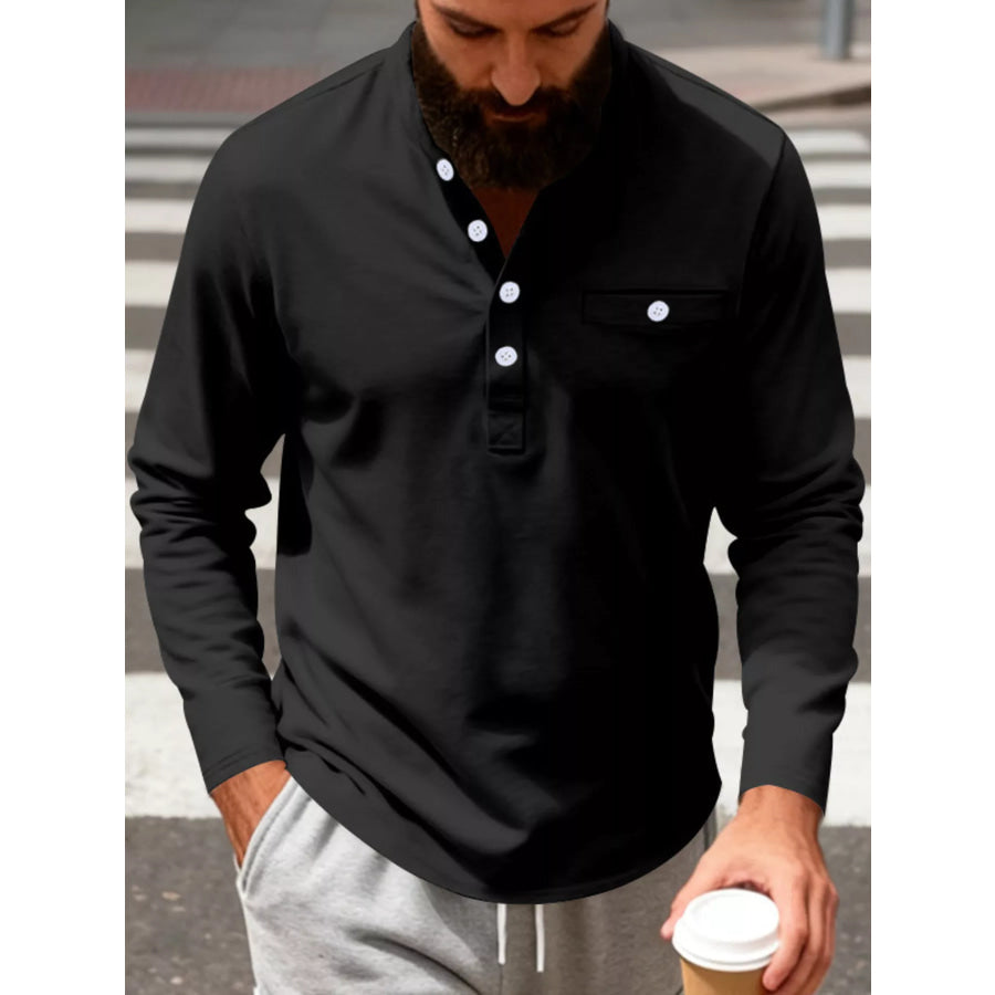 Men’s Full Size Button Detail Long Sleeve Shirt Plus Size Black / S Apparel and Accessories