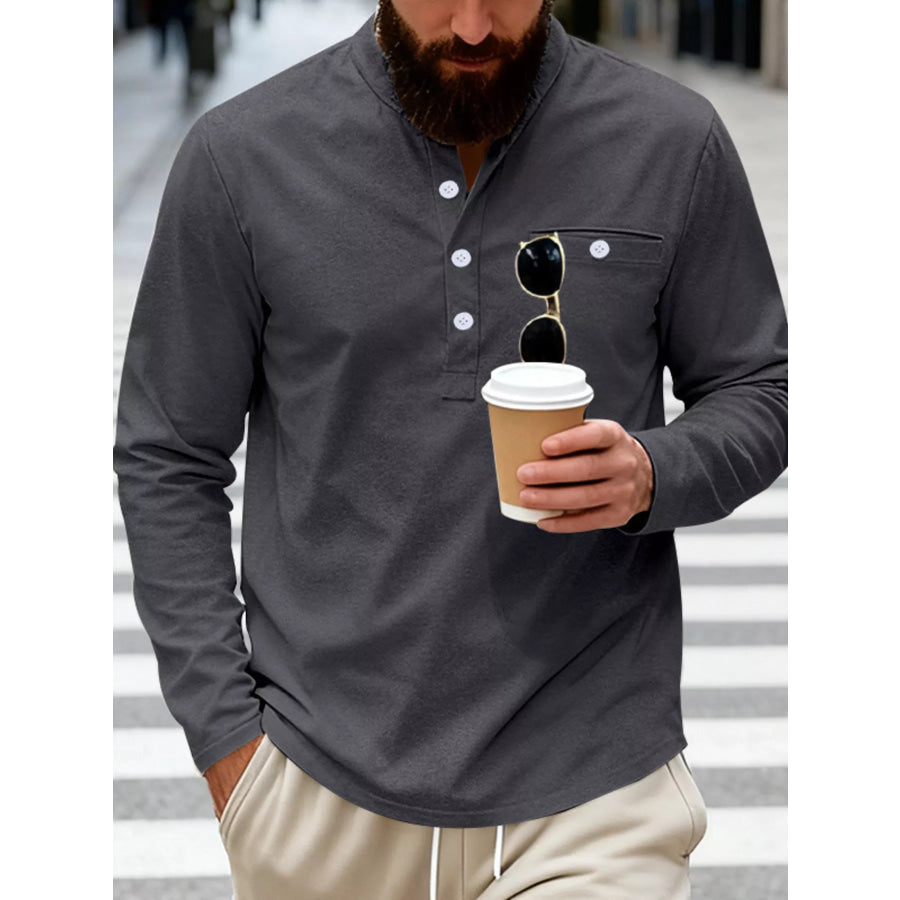 Men’s Full Size Button Detail Long Sleeve Shirt Plus Size Dark Gray / S Apparel and Accessories